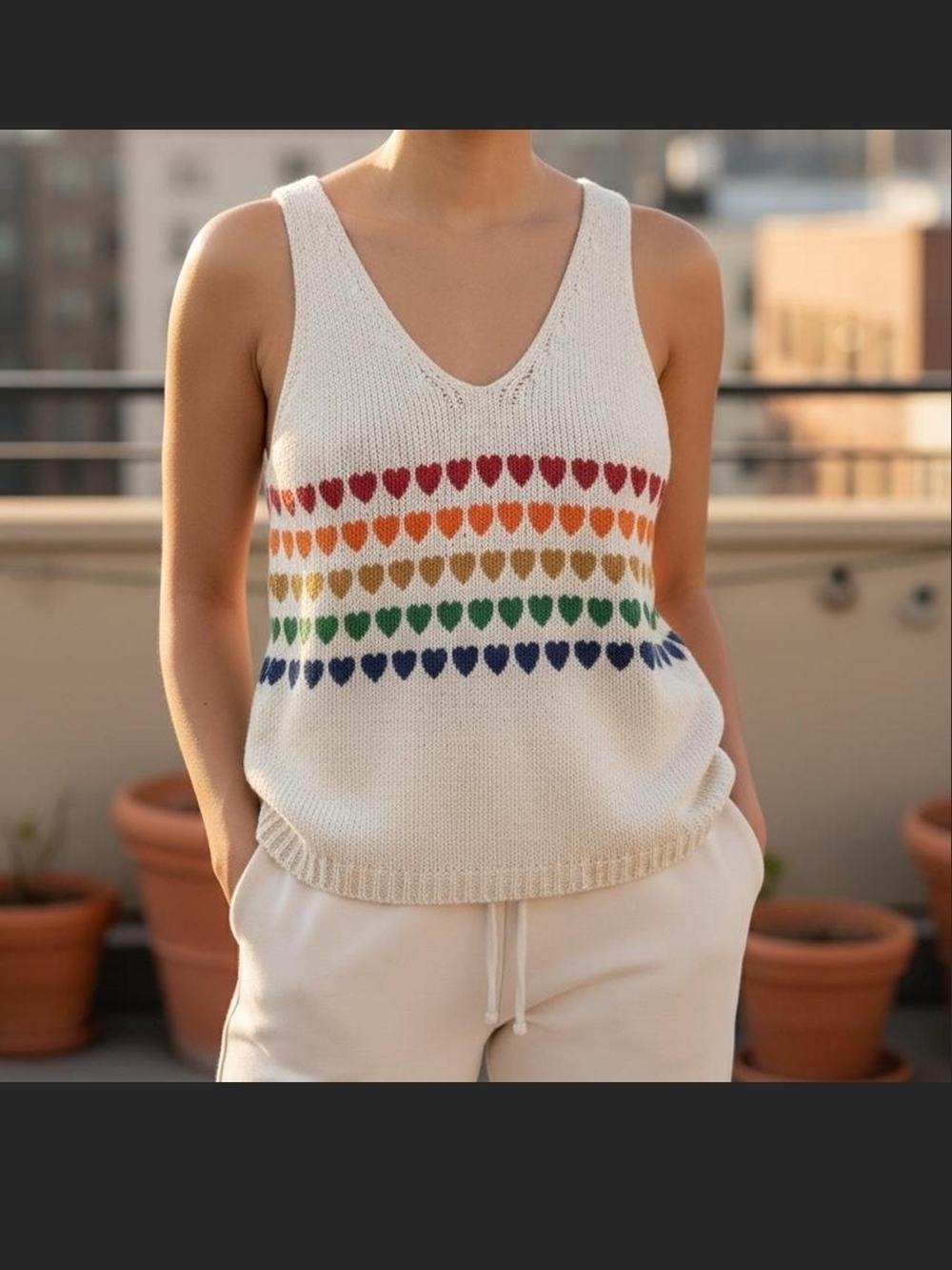 Moon & Madison White Knit Rainbow Heart Scoop Neck Tank Top sz M Summery